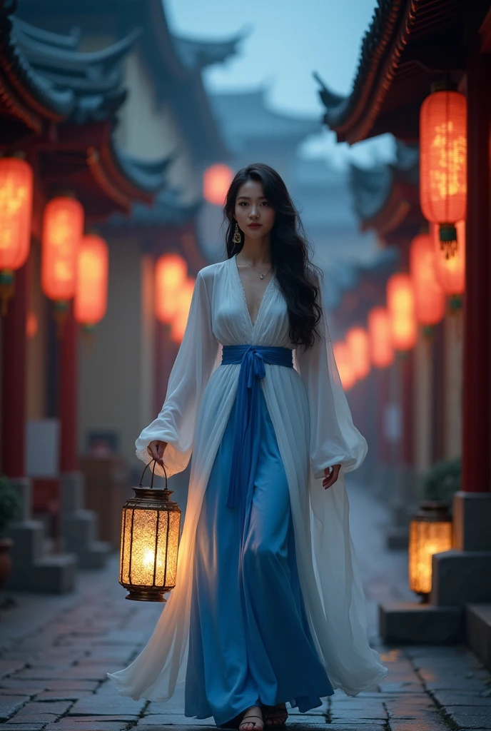 A beautiful young woman in a flowing white and blue dress, holding a lantern, walking down an ancient Chinese street at night. The scene is dimly lit, with only the soft glow of the lantern illuminating the quiet, serene atmosphere. Ornate architecture and details of the ancient city surroundings can be seen in the background, evoking a sense of timeless elegance. The woman's expression is serene and contemplative as she makes her way through the tranquil streets.
(a beautiful young woman in a flowing white and blue dress, holding a lantern, walking down an ancient Chinese street at night, ornate ancient Chinese architecture, dimly lit, serene and tranquil atmosphere, photorealistic, 8k, highly detailed, masterpiece, dramatic lighting)