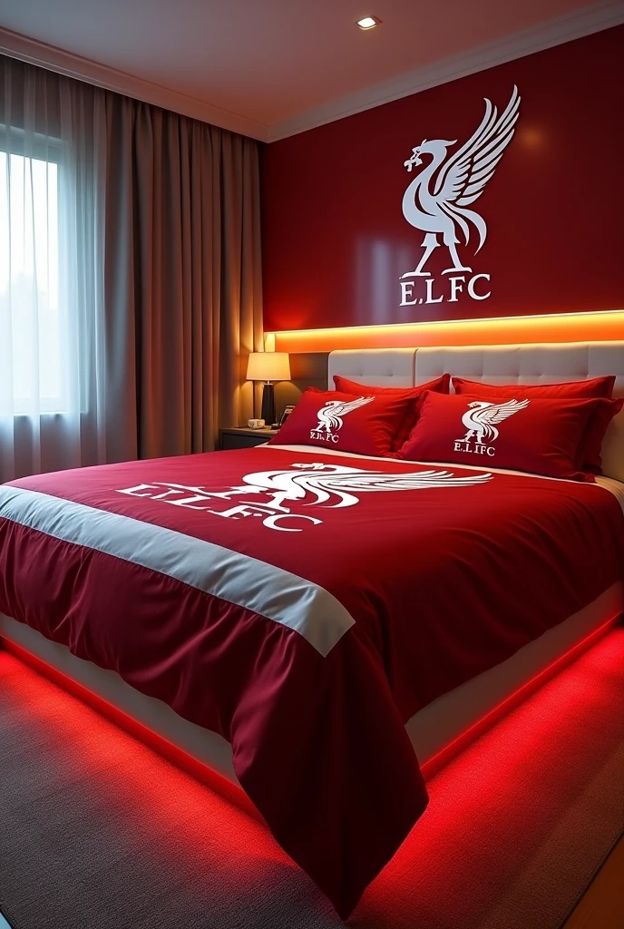 Example of a jumbo mattress that uses a Liverpool FC bed sheet and bed cover plus air conditioning and lights under the mattress.