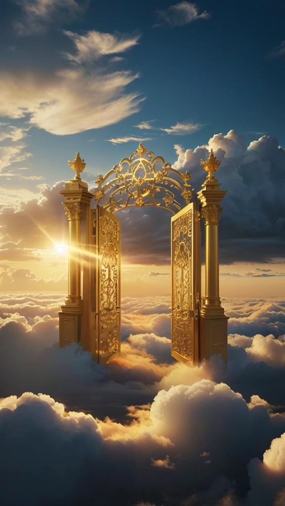 There is a golden gate in the clouds with a golden sun, gold gates of heaven!!!!!!!!, High Golden Heavenly Gates, heaven's gate, heaven's gate, the gates of heaven, gates of heaven, Golden gates, magical portal in the sky, golden clouds, sky background, gateway to another dimension, doors that are cosmic portals, divine kingdom of the gods, Portal dos Sonhos