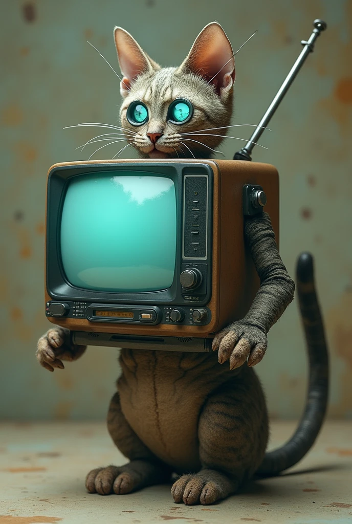 Cat whose head is replaced by the screen of an old television. Instead of ears, has television antennas, and his eyes are represented as TV adjustment buttons. His body is an old television with cat paws sticking out., and its tail is a coiled antenna cable.