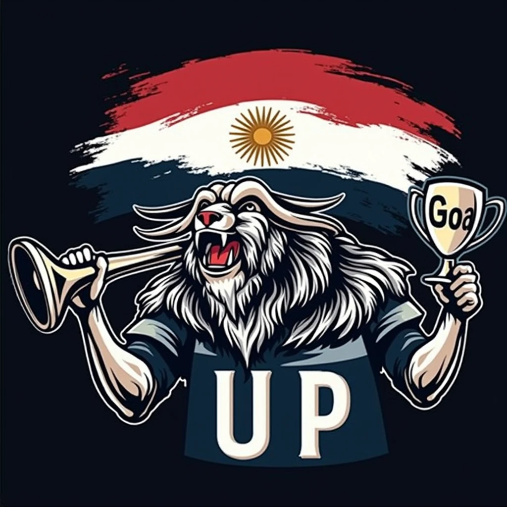 create a sports logo with the name ALDEIA with a mascot Tupã holding a trophy with goat written inside with the Argentine flag behind it