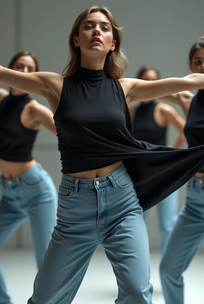 Women dancing a choreography wearing a black sleeveless polo shirt with a high neck and light blue jeans, doing somersaults while taking off their coats