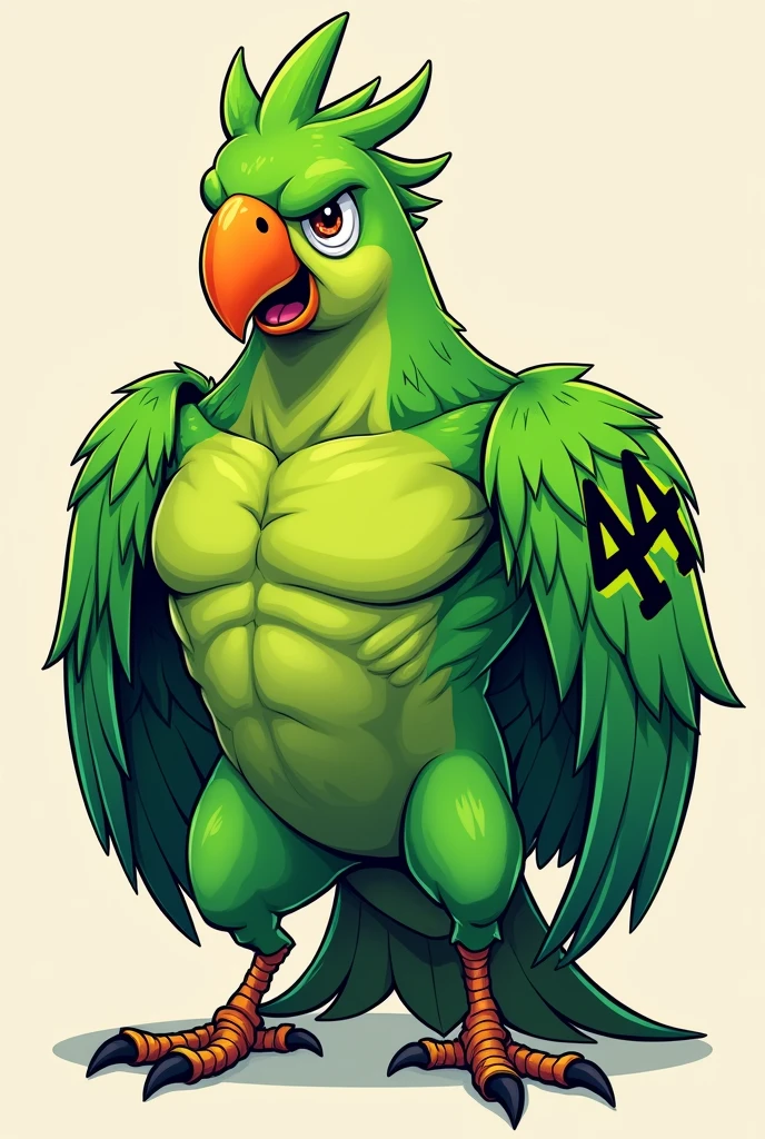 Create for me a green, pumped-up parrot with the number 44 tattooed on its arm.