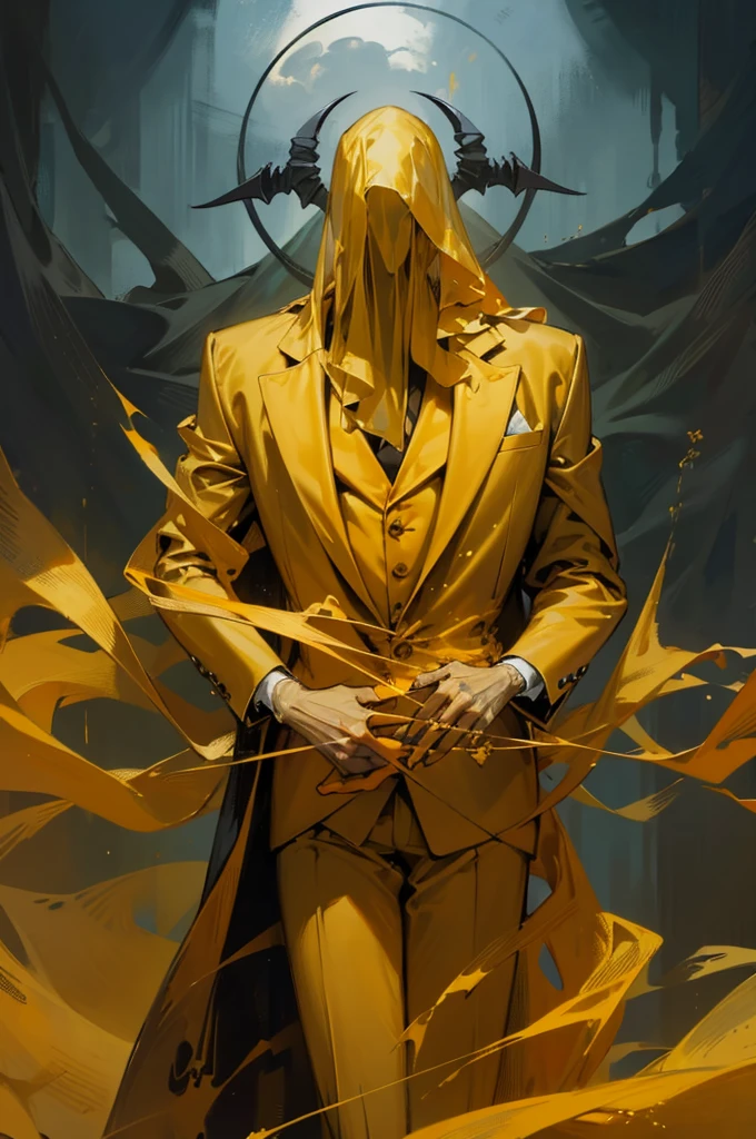 painting of a demon, charcoal-black skin, gaunt, very slender/lanky, long boney fingers, very boney physique, deep yellow veil covering face, very thick veil, veil covering eyes and mouth, veil obscuring face completely, no visible face, mischievous body language, skeletal body, dry gaunt hands, arms held in front, golden-yellow tuxedo, golden-yellow business suit, deep yellow suit jacket, not moving, hands steepling near abdomen
