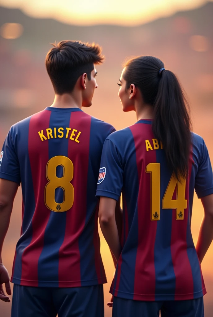 Woman and man from behind wearing the Barcelona shirt with the numbers 8 and 14 with the names Kristel and Abdiel and their hair tied to one side 