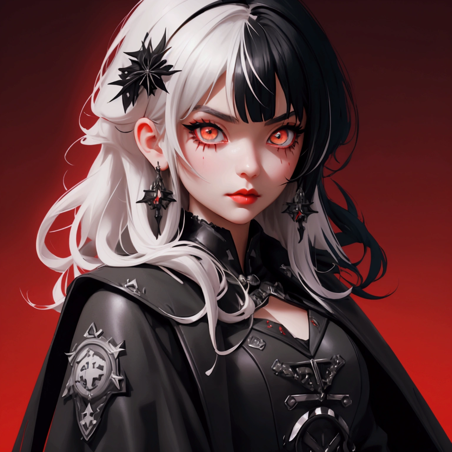 envision a 8k, highres, cinematic, close up beautiful portrait of a short girl named Shiori Novella with long black and white hair with hair ornaments, Amber eyes, wearing a goth military ****ta dress and red cape against a dark background