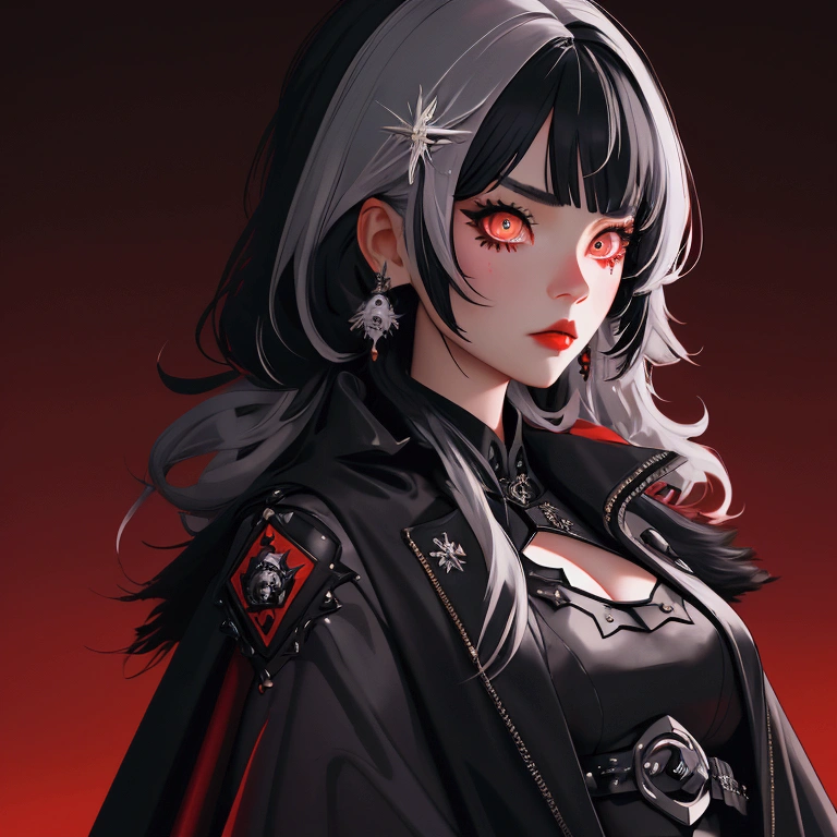 envision a 8k, highres, cinematic, close up beautiful portrait of a short girl named Shiori Novella with long black and white hair with hair ornaments, Amber eyes, wearing a goth military Lolita dress and red cape against a dark background