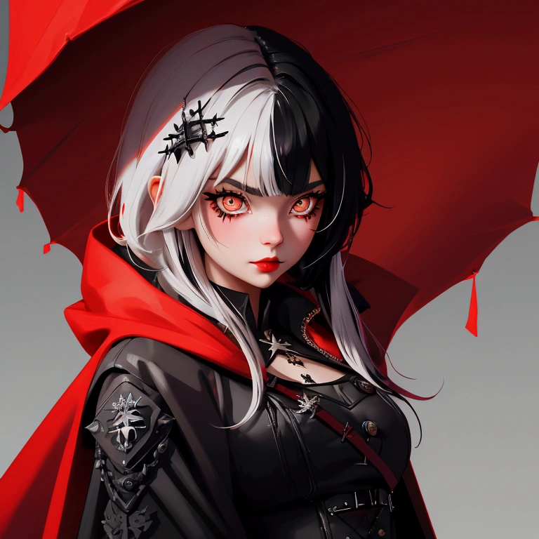 envision a 8k, highres, cinematic, close up beautiful portrait of a short girl named Shiori Novella with long black and white hair with hair ornaments, Amber eyes, wearing a goth military Lolita dress and red cape against a dark background