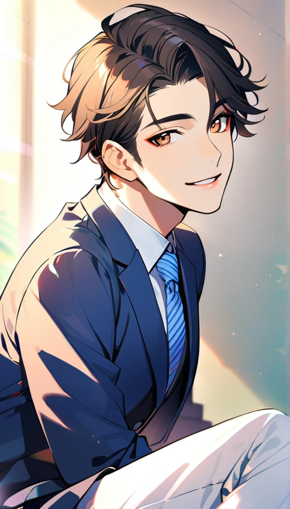 (1handsome boy:1.3), brown eyes, beautiful, 18years old, black Hair, very Short Hair, smile,light lips, blue blazer,Blue tie, high school student, pastel background