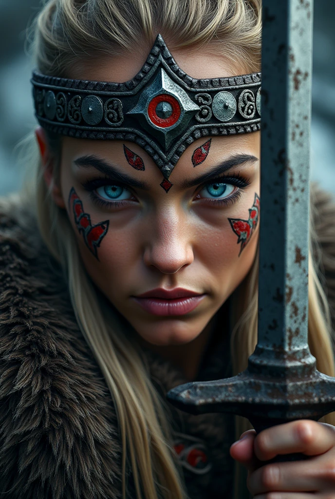 Viking warrior face with weapon in hand, blue colored eyes, pretty, viking makeup, gun close to the face, headdress and makeup