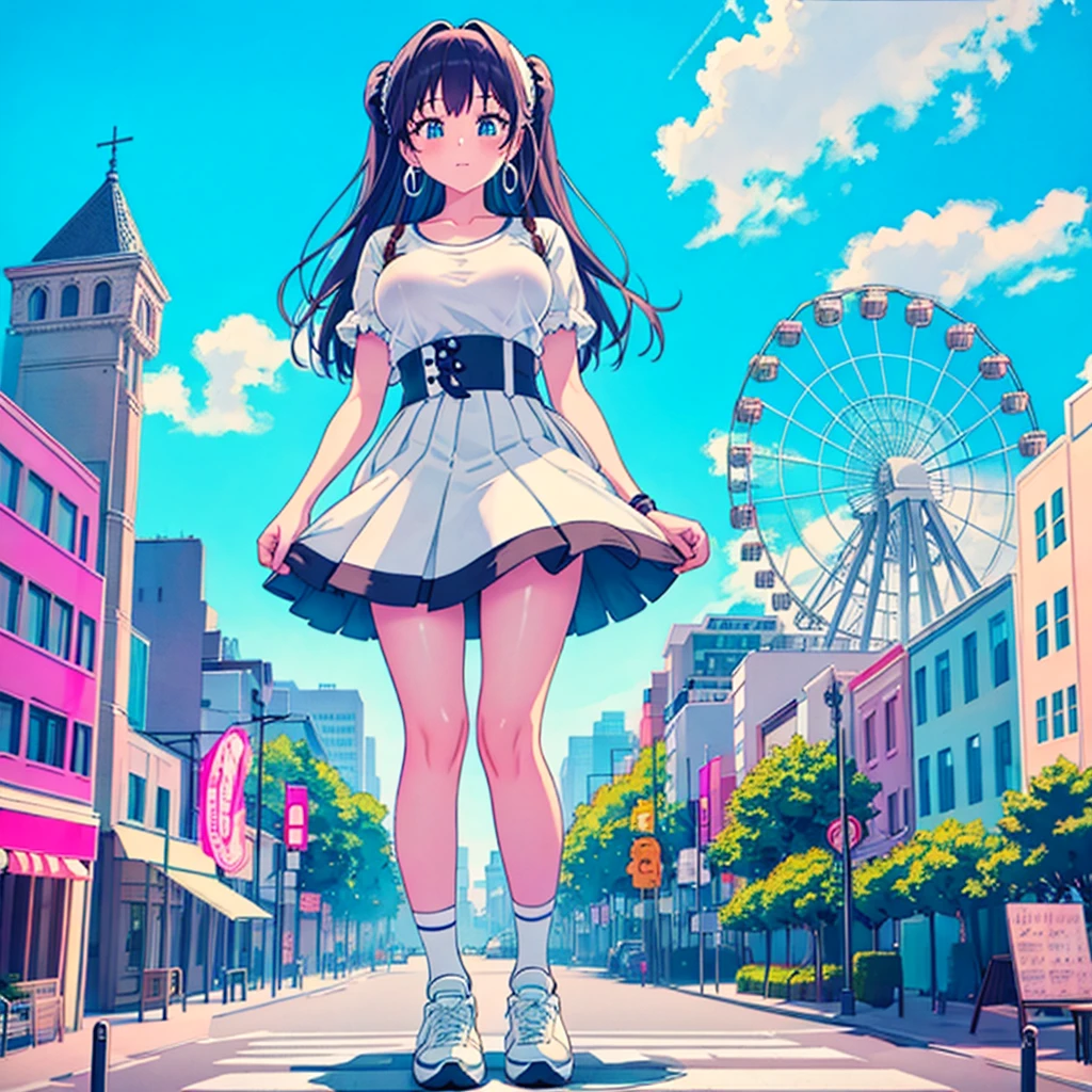 perspective from above giantess giant girl masterpiece unreal engine anime style delicate picture 4k 90's giant crowd amusement park giant girl standing at an amusement park ferris wheel roller coaster crowd skirt big breasts white T-shirt summer clothes short sleeves private clothes sneakers white socks wristwatch black hair smile blue sky thundercloud contrail female giant giant Girl Full Body Crowd Unreal Engine, Cleavage, A Picture, Earrings, Long Hair, 1980s (Style) Cute Picture Beauty Analog Style Full Body Sneakers,