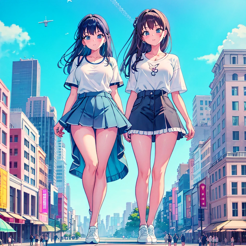 perspective from above giantess giant girl masterpiece unreal engine anime style delicate picture 4k 90's giant crowd amusement park giant girl standing at an amusement park ferris wheel roller coaster crowd skirt big breasts white T-shirt summer clothes short sleeves private clothes sneakers white socks wristwatch black hair smile blue sky thundercloud contrail female giant giant Girl Full Body Crowd Unreal Engine, Cleavage, A Picture, Earrings, Long Hair, 1980s (Style) Cute Picture Beauty Analog Style Full Body Sneakers,