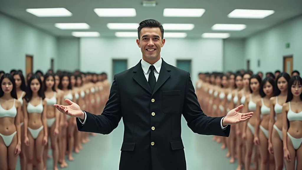 a man with short hair, combed back, wearing a black uniform and standing in the center of a large hall. He has his arms open and appears to be talking or giving an instruction and smiling. In the background, there is a large group of women in white bikinis, all with their hands clasped in front of their bodies, looking down or to the side. Their expressions look serious, and the room is brightly lit with fluorescent lights on the ceiling. The space is spacious and has doors at the back, suggesting an auditorium or meeting room type space.