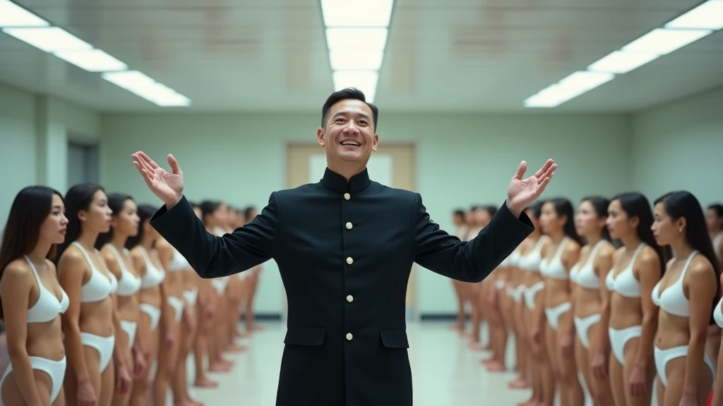 a man with short hair, combed back, wearing a black uniform and standing in the center of a large hall. He has his arms open and appears to be talking or giving an instruction and smiling. In the background, there is a large group of women in white bikinis, all with their hands clasped in front of their bodies, looking down or to the side. Their expressions look serious, and the room is brightly lit with fluorescent lights on the ceiling. The space is spacious and has doors at the back, suggesting an auditorium or meeting room type space.