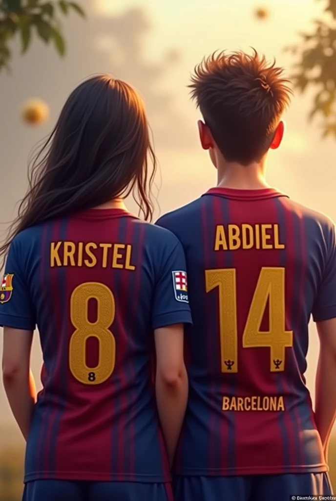 Woman and man from behind wearing the Barcelona shirt with the numbers 8 and 14 with the names Kristel and Abdiel and their hair tied to one side 