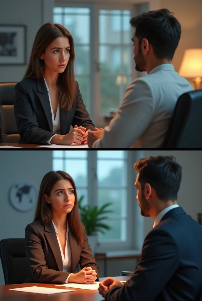 Image 2 Sofia ,the mediator ,Talking to Ana and Luis separately in different offices ,worried expressions .