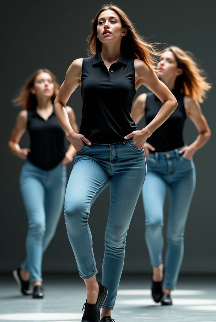 Women dancing a choreography wearing a black sleeveless polo shirt with a high neck and light blue jeans, doing somersaults while taking off their coats
