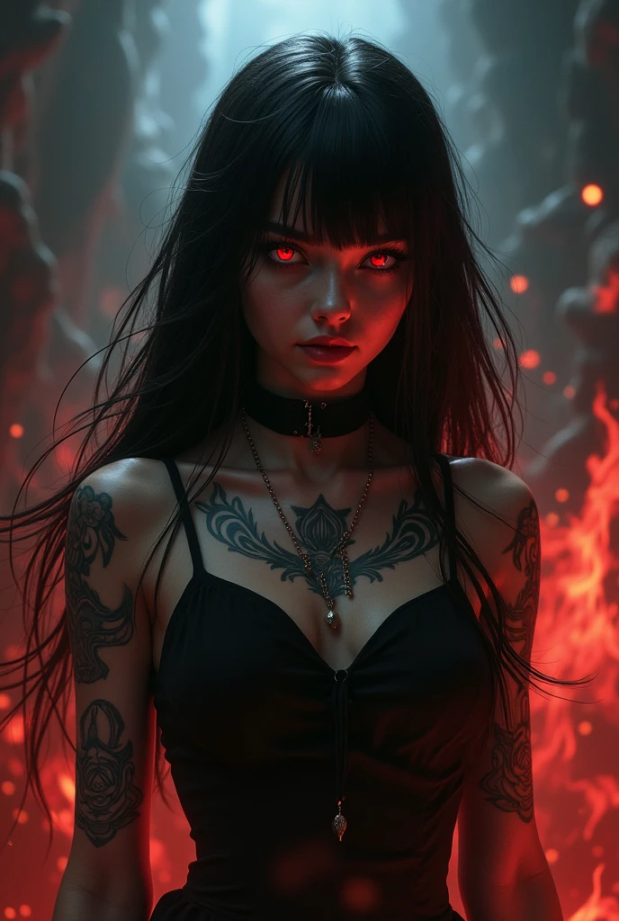 A girl with black hair and brown bangs and tattoos, in hell with black and red eyes