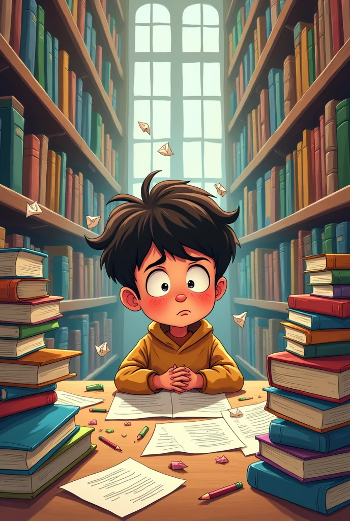  Please can you make me a cartoon in a library. Where a boy , is surrounded by books and messy papers, with a frustrated expression on his face*
