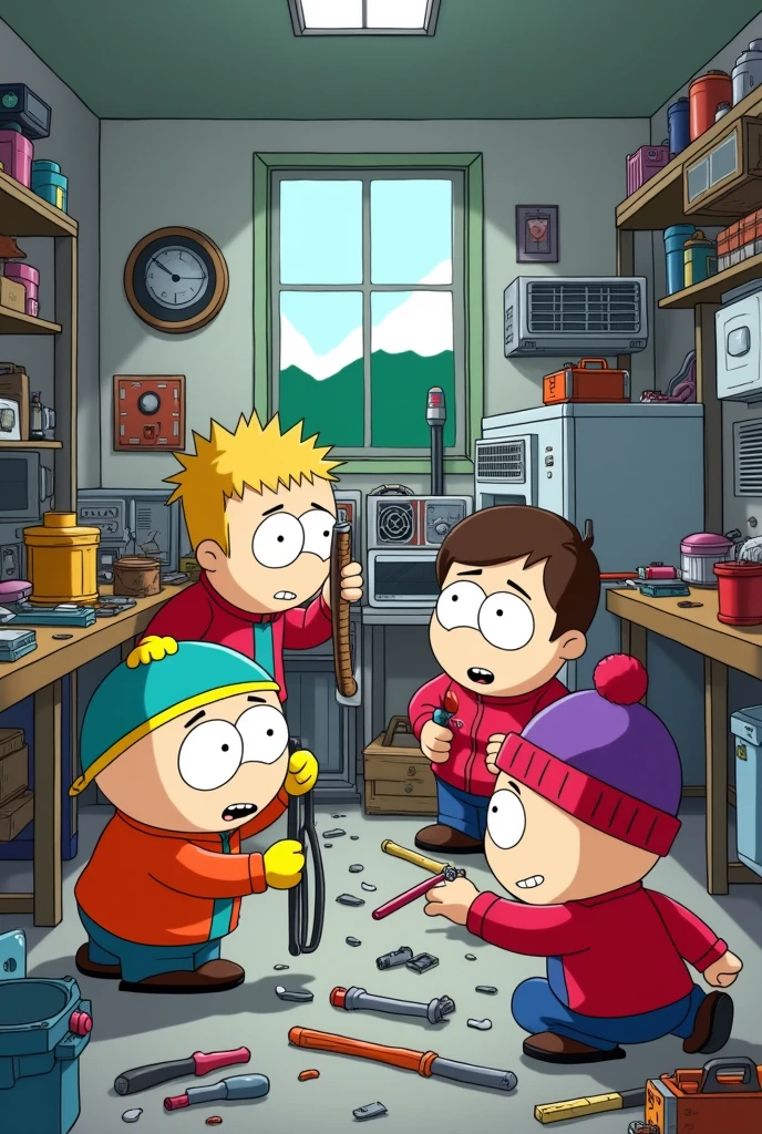 Make a drawing of the South Park series in which only the four main characters appear while they are playing with tools in an air conditioning repair workshop in which there are air conditioners., Refrigerators and work tools on the floor or tables
