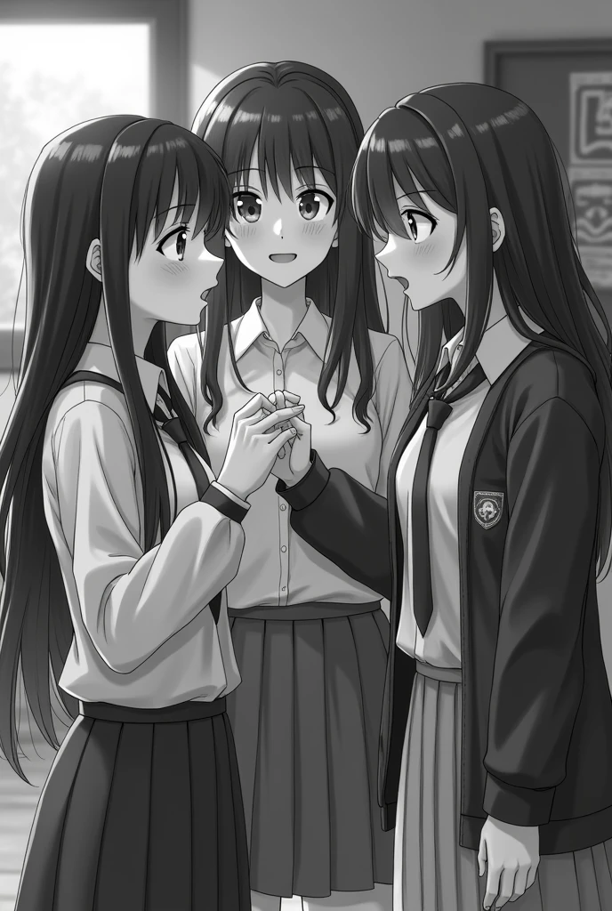 tres Adolescentes mujeres de 21 Años de edAd en el colegio y (dos de ellAs molestAndo de formA juguetonA entre risAs) A (unA de ellAs seriA), imAgen AntiguA en blAnco y negro 

