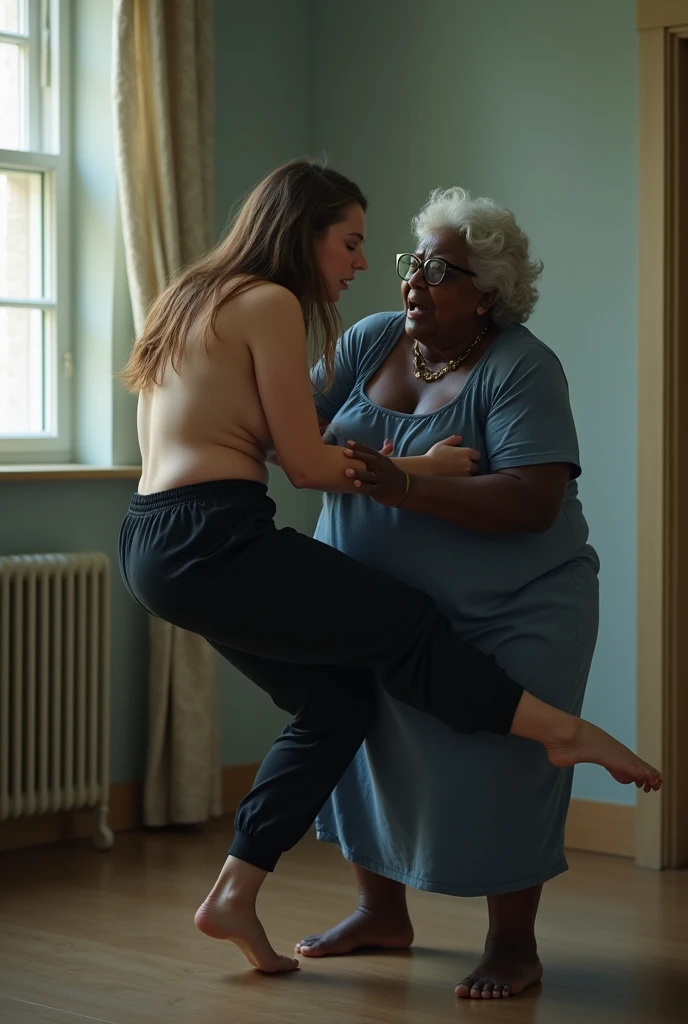 Create a photo of a 20 year old young woman, with a slender and beautiful body, with bare breasts and wearing black sweatpants, with white and clear skin, with long light brown hair, in fear as his body is being roughly lifted off the ground and into the air by his legs by a nervous 90 year old elderly black lady, obese dark black skinned, who wears glasses and a blue dress.