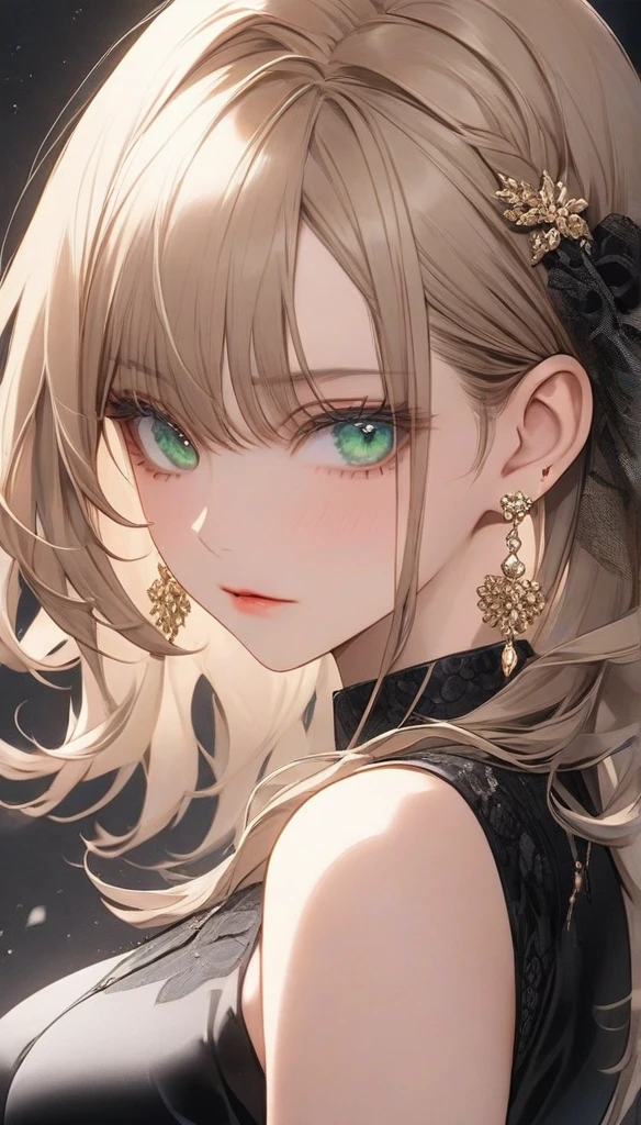 high resolution, Masterpiece, Anatomically correct, precise, qualityที่ดีที่สุด, quality, 1 woman, Age 25 years,Medium length hair, light brown hair,emerald eyes, Uneven hairstyles, big breasts, earring, Dark makeup, A cold expression simple background, Close-up , Anime style, Wearing a black dress,luxurious,Wealth,millionaire,The body looks mature,เครื่องแต่งกายluxurious, Sharp eyes 