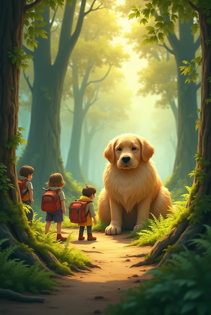 1. style: "3d", "Fantasy Illustration", "Ghibli style"

2. scene: "mysteriousな森", "Foggy forest"

3. character: 
   - "Huge, fat, cute golden retriever"
   - "Five little adventurers with backpacks。

4. illumination: "Fantastic Light", "wood々Light coming in from between"

5. tone: "暖かなtone", "Green and gold contrast"

6. details: 
   - "苔むしたwoodの根"
   - "Fern plants"
   - "Forest Path"
   -"Behind the adventurer, you can see the golden retriever looking depressed."
   - Adventurer facing forward、7. He has a very unmotivated look.. composition: "Tiny adventurers versus giant animals"

8. atmosphere: "mysterious", "Inspire your sense of adventure", "Fantasy"

9. texture: "Soft coat", "Bark detail"

10. time zone: "In the morning haze" or "At dusk"
