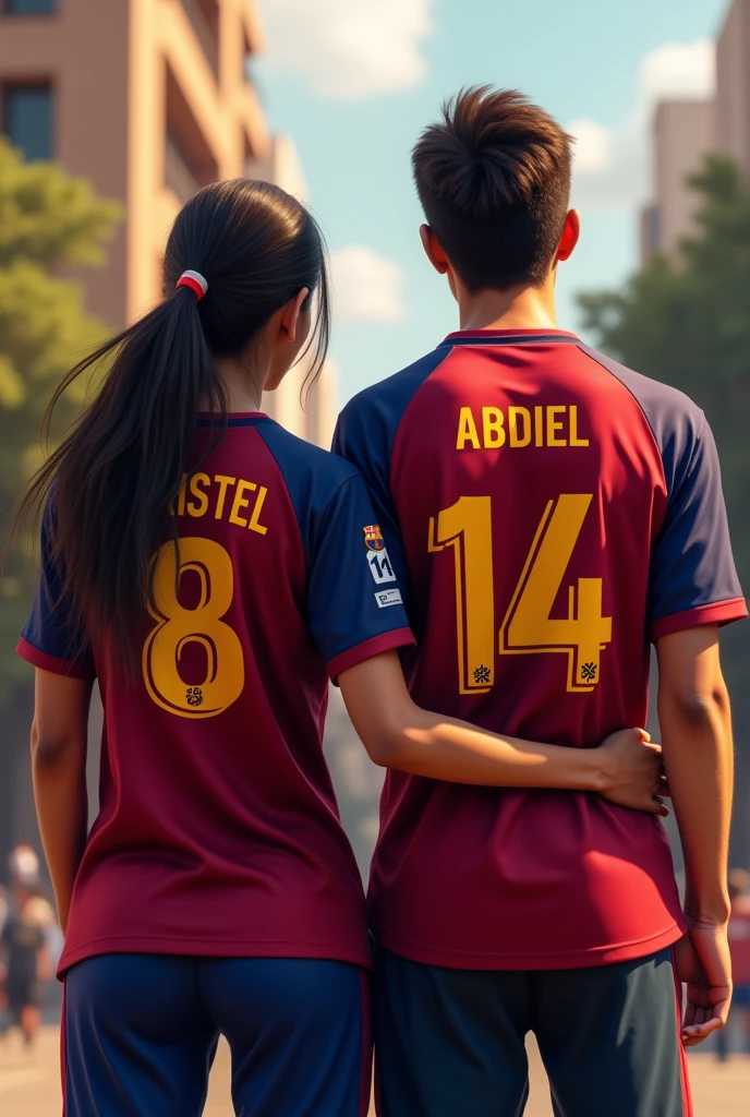 Woman and man from behind wearing the Barcelona shirt with the numbers 8 and 14 with the names Kristel and Abdiel and their hair tied to one side 
