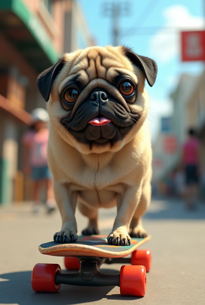 A pug riding a skateboard