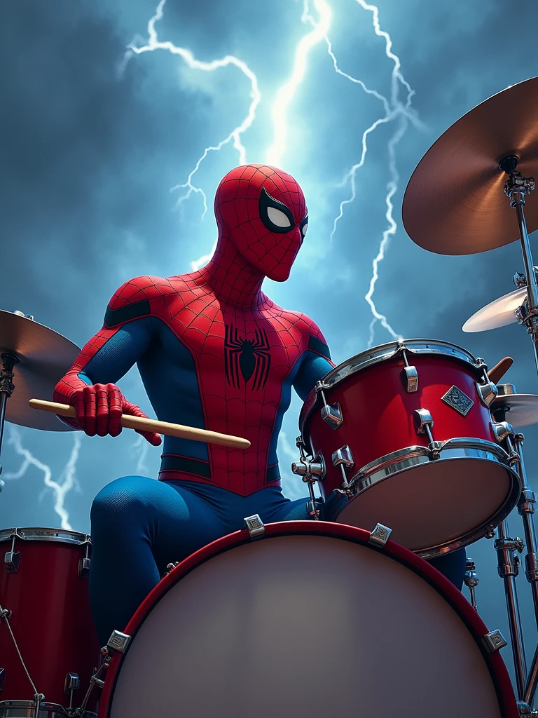 Rock Spiderman marvel holding a stick sitting playing drums with a background of thunder and very rock vibes.