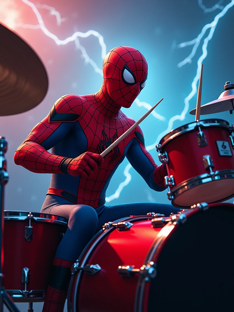 Rock Spiderman marvel holding a stick sitting playing drums with a background of thunder and very rock vibes.