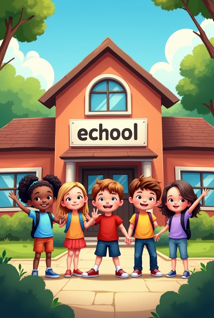 Children in front of a school that clearly says echool