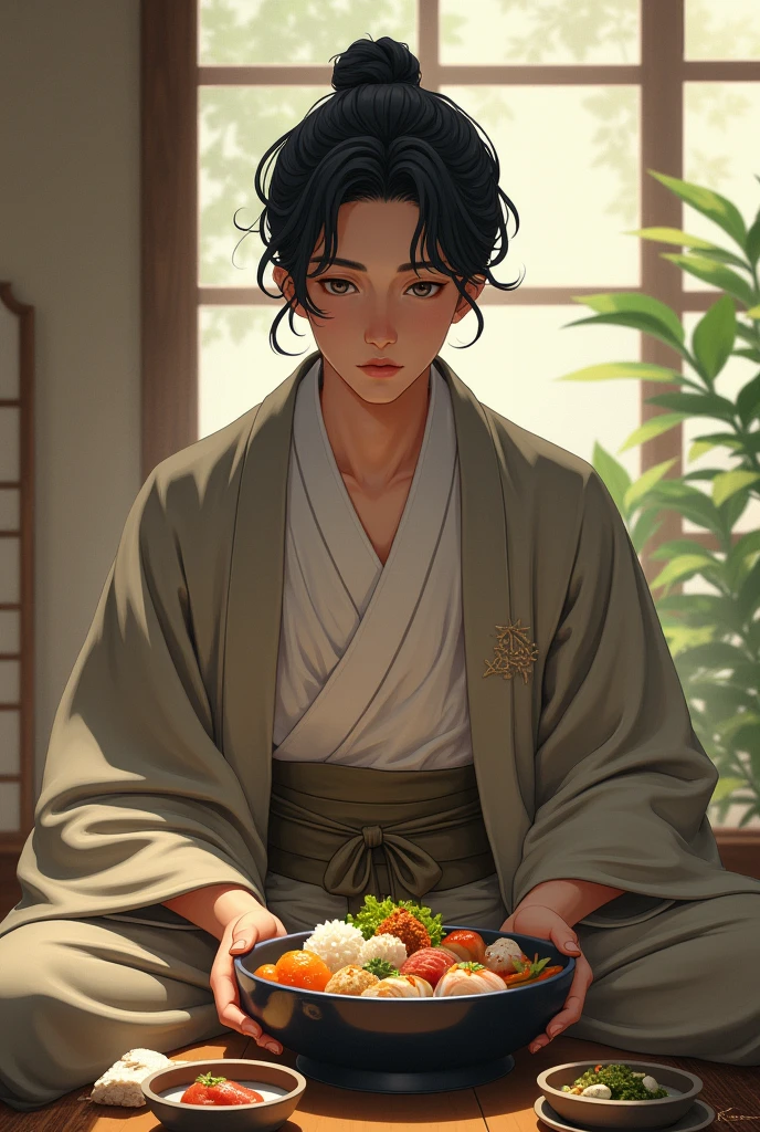 A Japanese man,Youngh,with a kimono,having lunch.