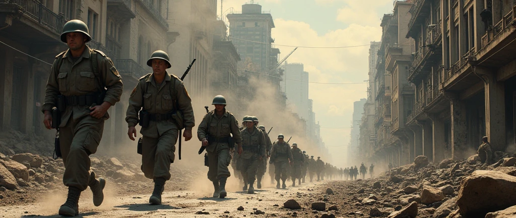1940; (masterpiece, best quality) destroyed city (Rio de Janeiro) soldiers marching through the streets