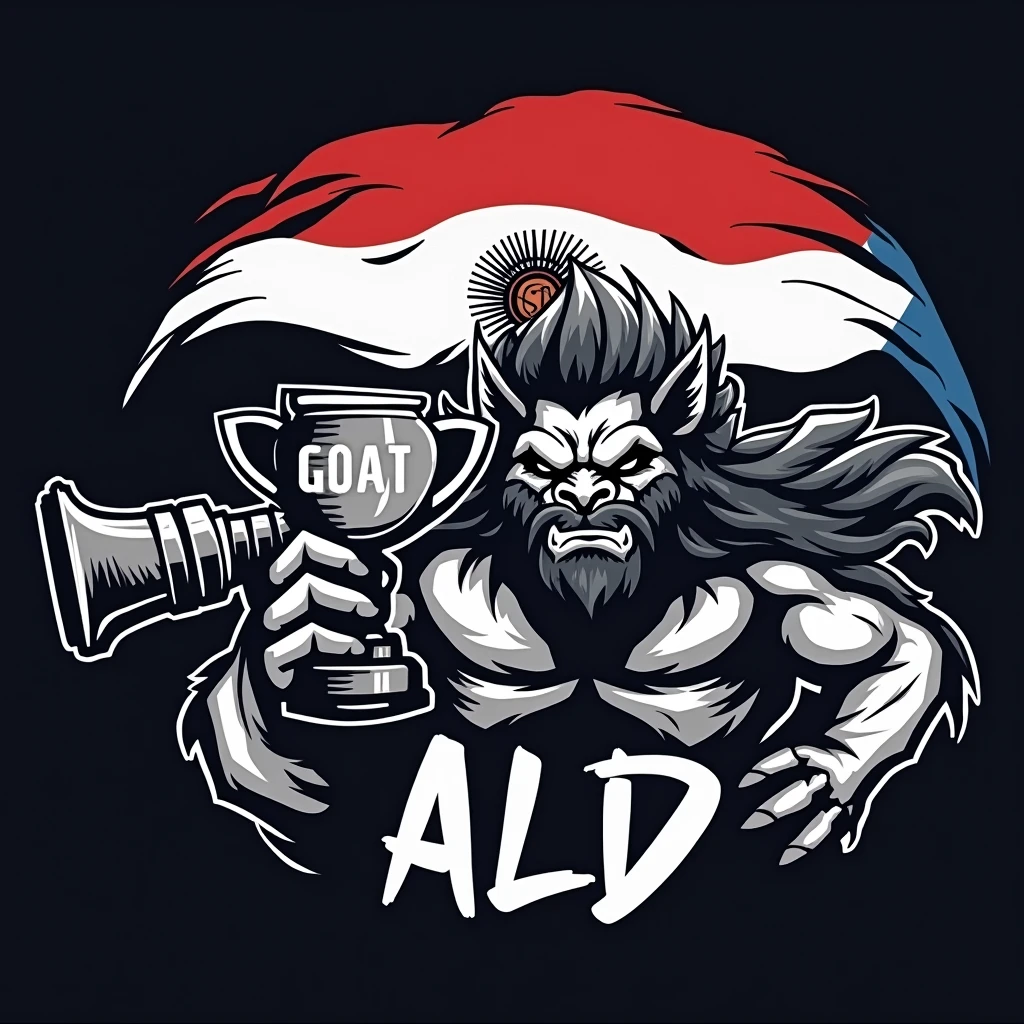 create a sports logo with the name ALD with a mascot Tupã holding a trophy with the word goat written inside with the Argentine flag behind it