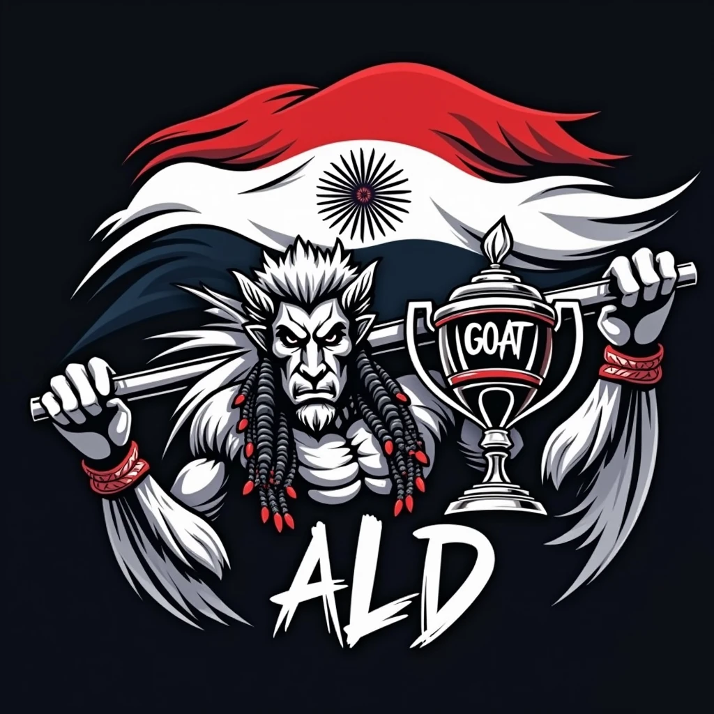 create a sports logo with the name ALD with a mascot Tupã holding a trophy with the word goat written inside with the Argentine flag behind it
