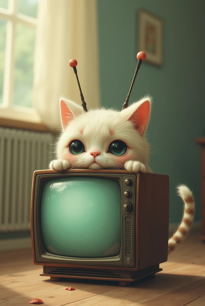 Cat whose head is replaced by the screen of an old television. Instead of ears, has television antennas, and his eyes are represented as TV adjustment buttons. His body is an old television with cat paws sticking out., and its tail is a coiled antenna cable, LET IT BE TENDER AND SMALL