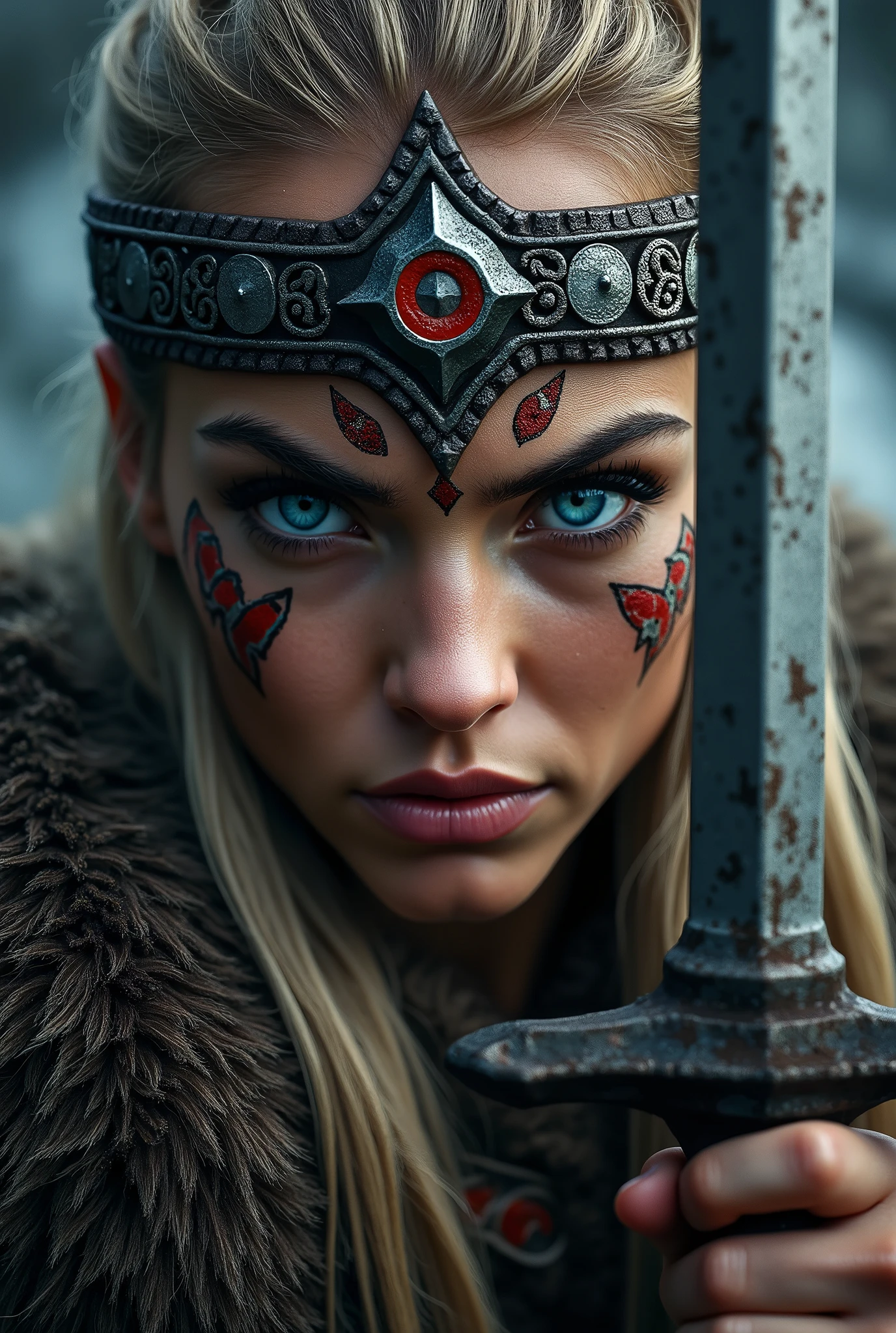 Viking warrior face with weapon in hand, blue colored eyes, pretty, viking makeup, gun close to the face, headdress and makeup