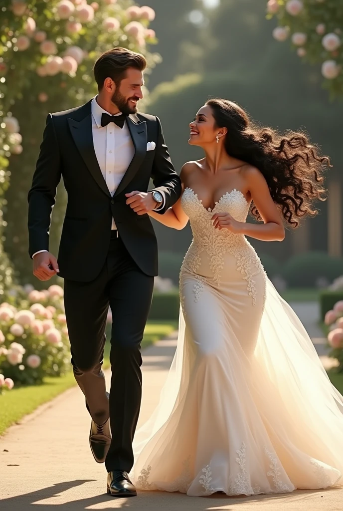 Noiva ((mulher)) e noivo ((homem)) realista, The faces of the couple are beautiful and proportional ((rosto detalhado)), mulher vestida de noiva com um longo e luxuoso de vestido de noiva, The groom is wearing an elegant suit. Couple is at a wedding ceremony in the garden, sol encharcado, Roberto Ferri e Ruan Jia, very magical and dreamy, noivos, Durante a Hora Dourada, imagem surrealista, golden hour sunset lighting, luz solar da hora dourada, Tiro na Hora de Ouro, soft golden hour lighting, sparkling in the sunlight. alta qualidade,master part, melhor qualidade, (extremamente detalhado CG unidade 8k papel de parede), (melhor qualidade), (best illustration), (Melhor sombra), absurdos, realistic lighting, imagem surrealista