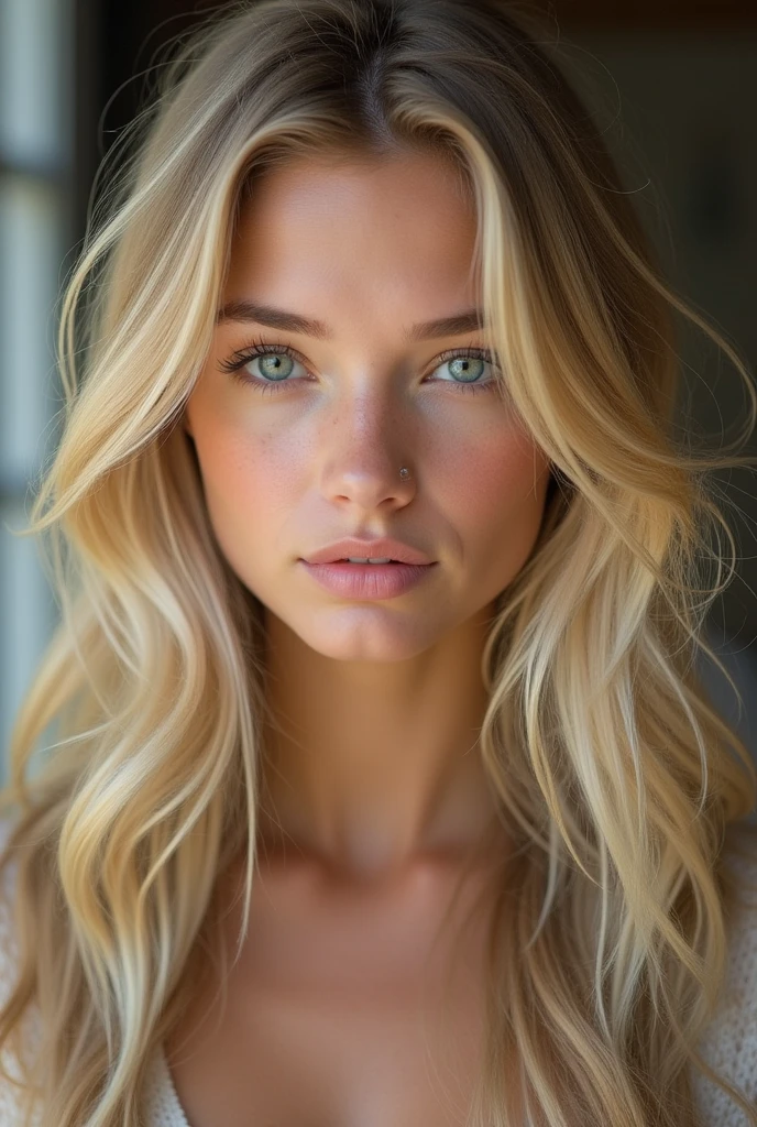 Create a realistic image of a 20-year-old woman., long blonde hair, Blue-green eyes shopping 