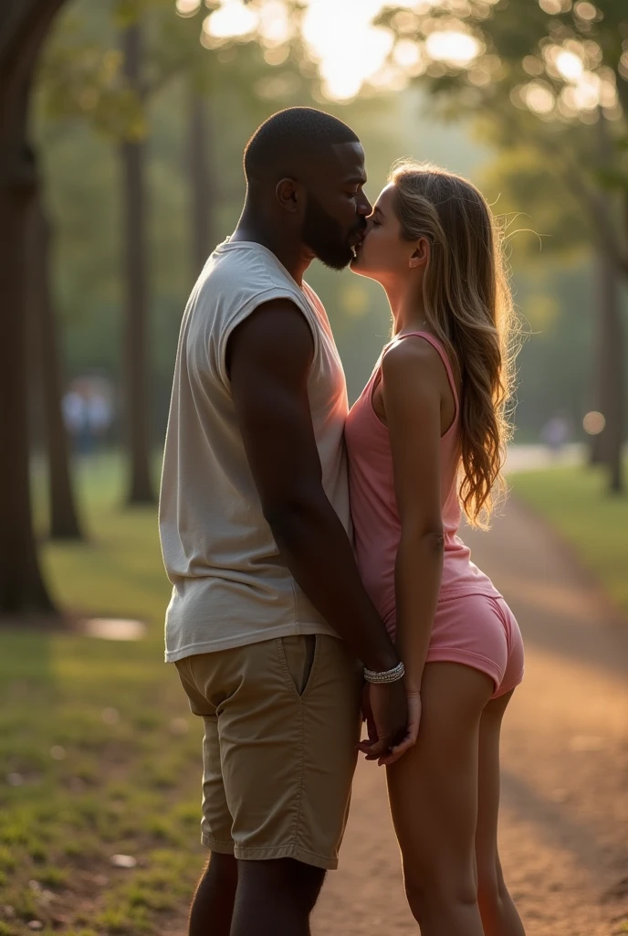 Create a photo of a 30 year old woman, with a slender and beautiful body, wearing jeans and a white top with white and fair skin, with long blonde hair who is being passionately kissed and grabbed by a black teenager, obese, did, lowrise, who has dark black skin, with short hair and wearing a blue dress and glasses outdoors