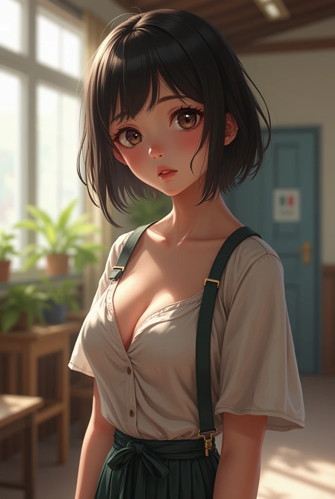 Realistic Young Girl With Deep Neckline,   huge big breasts size 4, standing close and looking forward in a short school skirt
