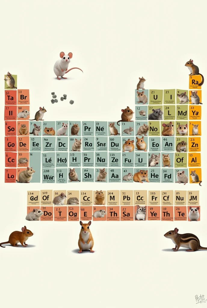 Periodic table with pictures of small animals,The squares contain pictures of small animals and letters of chemical elements