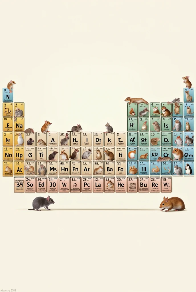 Periodic table with pictures of small animals,The squares contain pictures of small animals and letters of chemical elements
