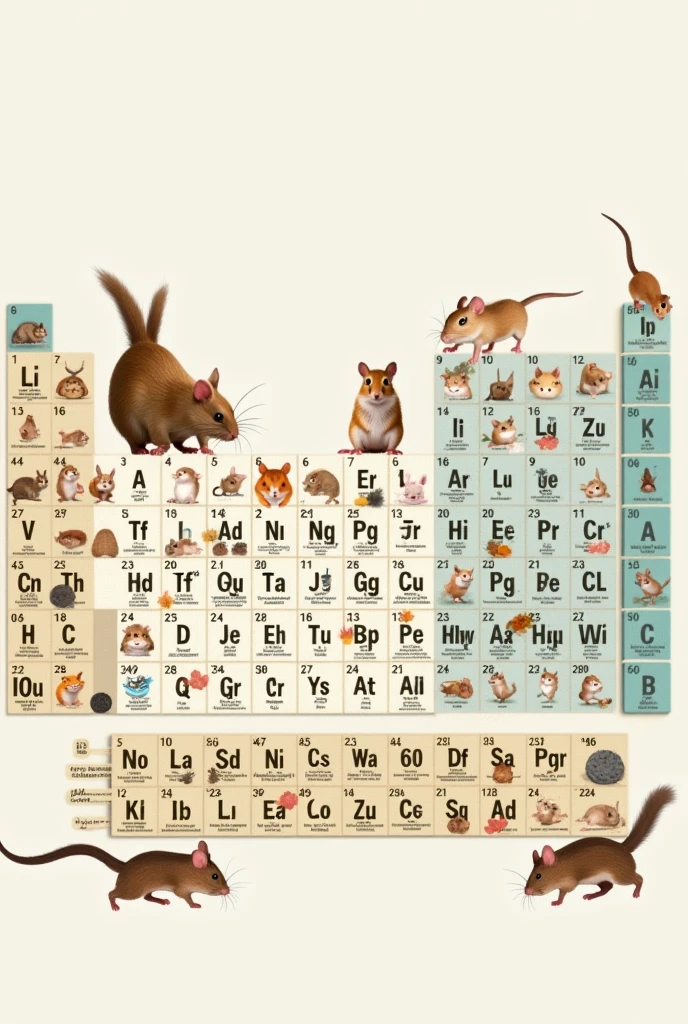 Periodic table with pictures of small animals,The squares contain pictures of small animals and letters of chemical elements