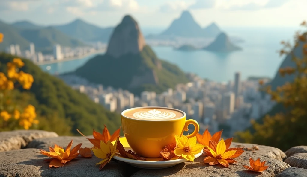 ultra realistic, masterpice, raw photo, 8k, super detailed, photography. Create a realistic image of a small, yellow latte cup adorned with autumn leaves and yellow flowers scattered around. Christ the Redeemer overlooking Rio de Janeiro city, creative composition, trending on ArtStation.