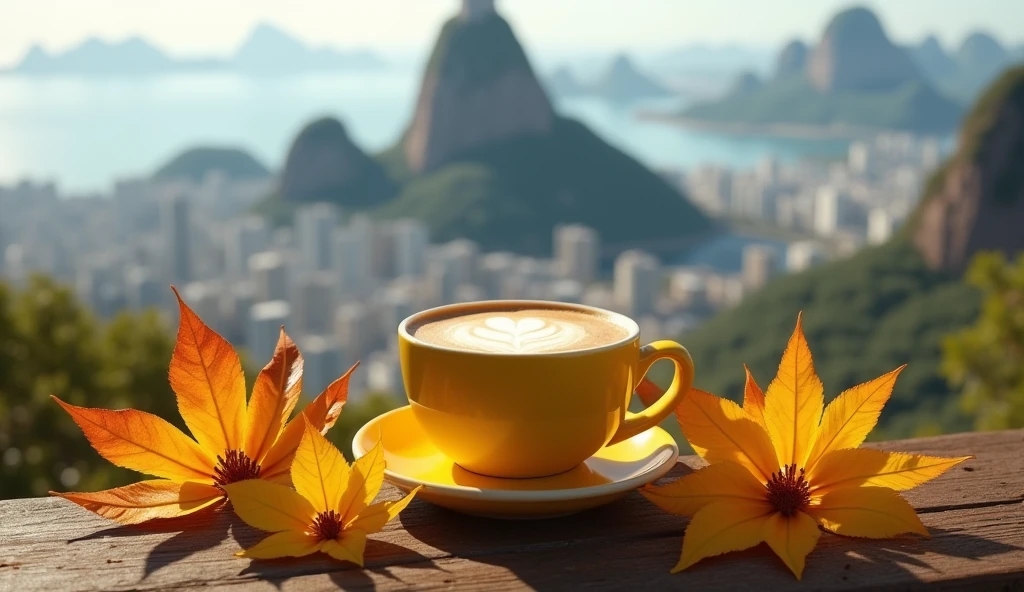 ultra realistic, masterpice, raw photo, 8k, super detailed, photography. Create a realistic image of  a small, yellow latte cup adorned with autumn leaves and yellow flowers scattered around. Christ the Redeemer overlooking Rio de Janeiro city, creative composition, trending on ArtStation. 