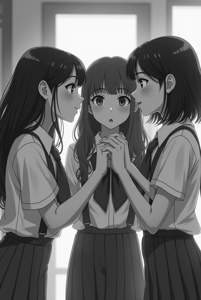 tres Adolescentes mujeres de 21 Años de edAd en el colegio y (dos de ellAs molestAndo de formA juguetonA entre risAs) A (unA de ellAs seriA), imAgen AntiguA en blAnco y negro