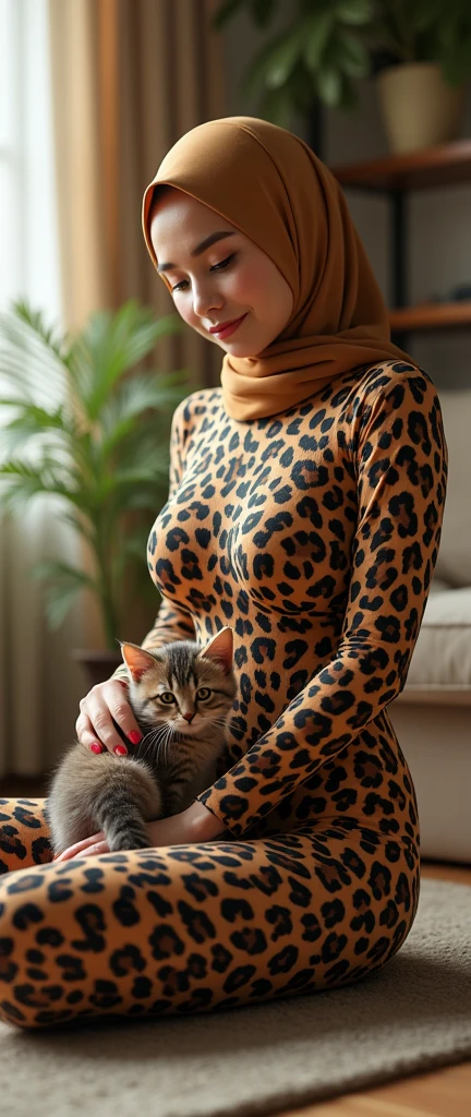 the beautiful,slender thin and prettiest Asian and Malaysian muslimah adult girl with beautiful cheeks wears common leopard print lycra turtleneck unitard catsuit covered with black seamless spots and always wear common leopard print lycra elastane stretchy dance wear hijab covered with black seamless spots.She rears her pet cat and kittens.